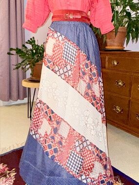 Vintage 70s Chessa Davis Boho Hippie Prairie Maxi Retro Patchwork Lace Skirt M/L